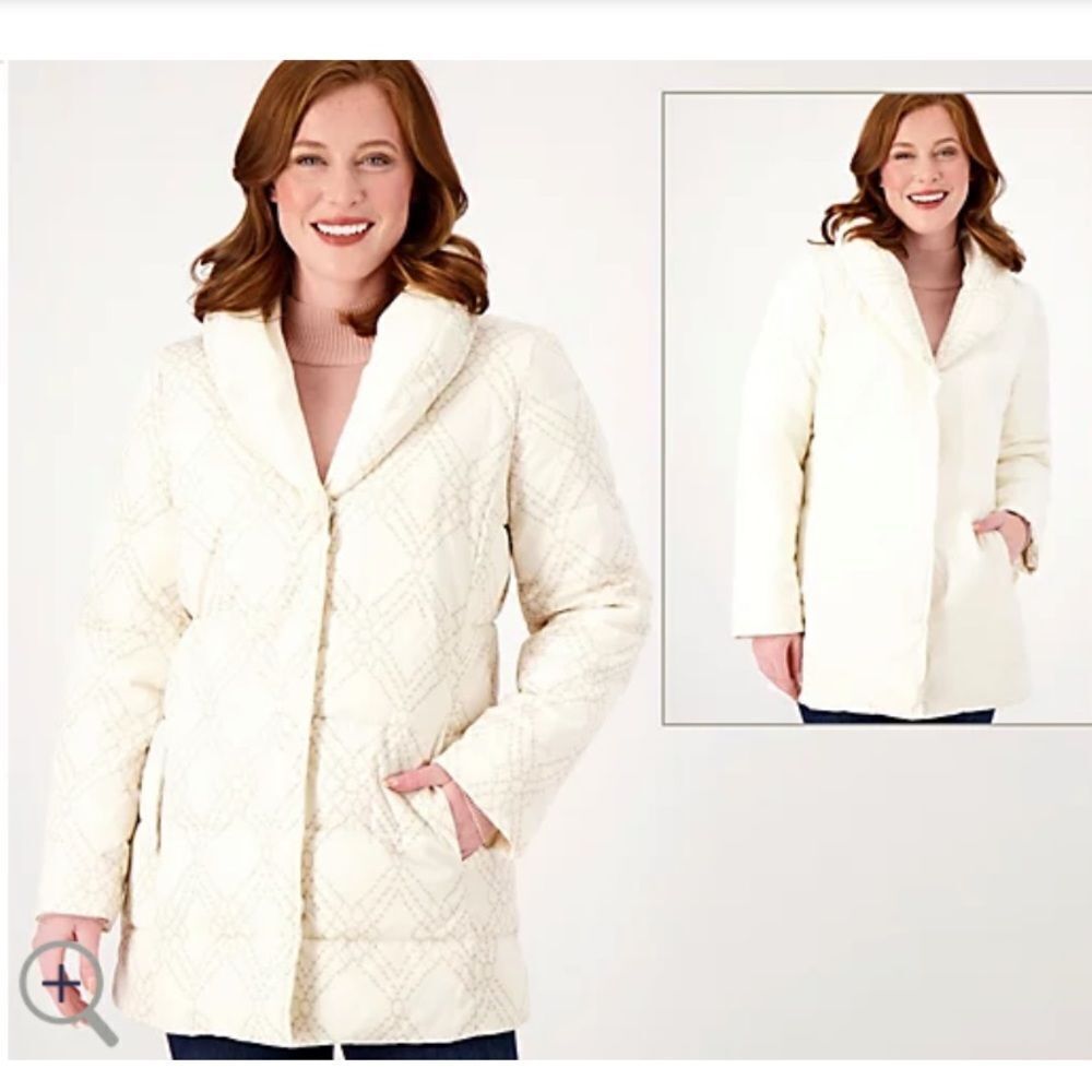 Dennis Basso Solid Water Resistant Jacket with hood Winter White L‎ New With Tag